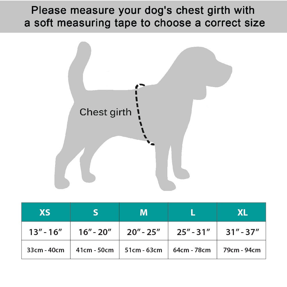 Gray dog silhouette with chest girth measurement guide; size chart below from XS to XL.